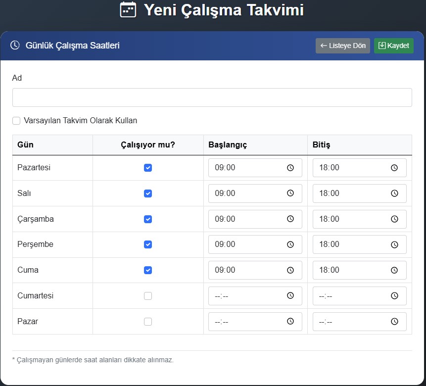 Yeni Çalışma Takvimi
